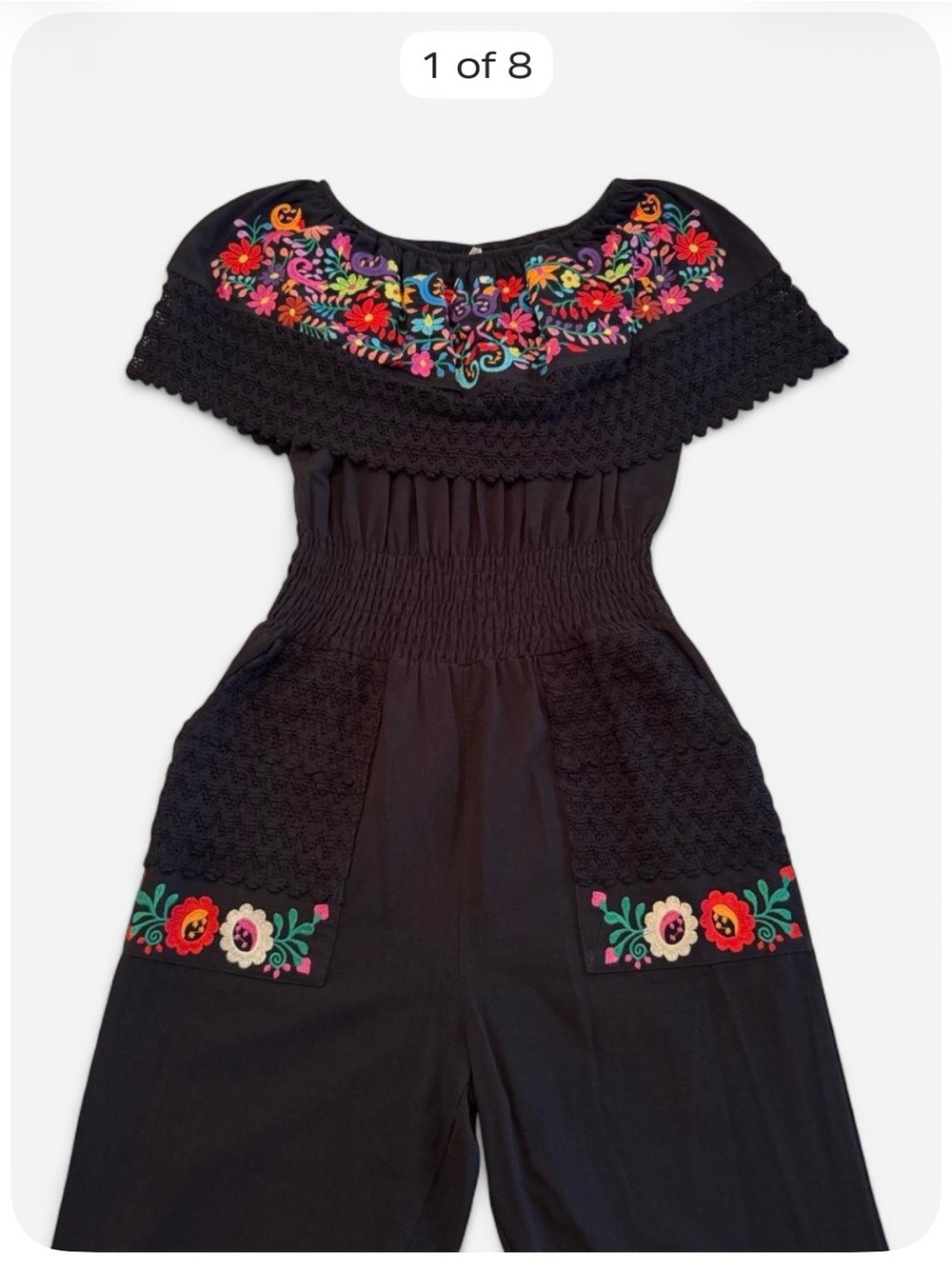 Mexican Embroidered Black Jumpsuit Medium Off Shoulder Lace Cropped Boho Fiesta